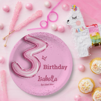 Pink glitter cute balloon no.3 girly 3rd birthday paper plate
