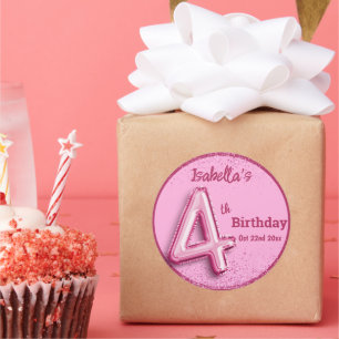 Pink glitter cute balloon no.4 girly 4th birthday classic round sticker