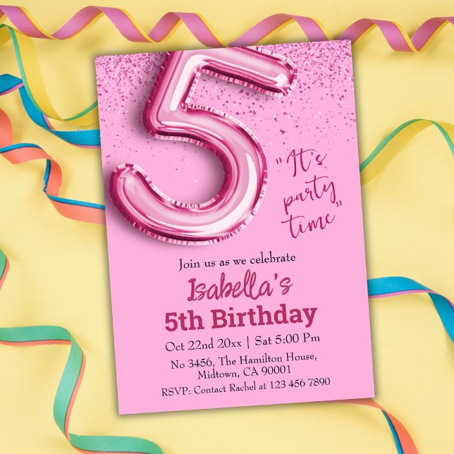 Pink glitter cute balloon no.5 girly 5th birthday  invitation (Creator Uploaded)