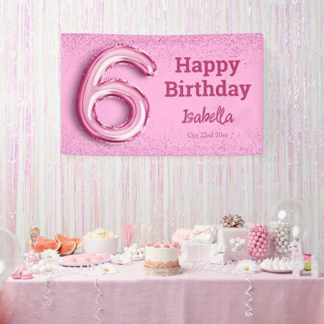 Pink glitter cute balloon no.6 girly 6th birthday banner (Party)
