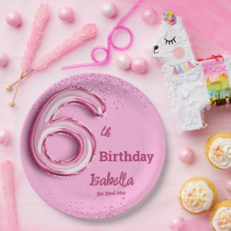 Pink glitter cute balloon no.6 girly 6th birthday paper plate