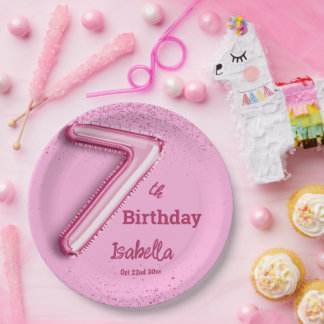 Pink glitter cute balloon no.7 girly 7th birthday paper plate