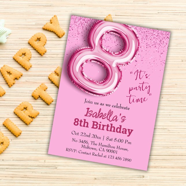 Pink glitter cute balloon no.8 girly 8th birthday invitation (Creator Uploaded)