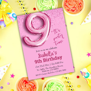 Pink glitter cute balloon no.9 girly 9th birthday invitation