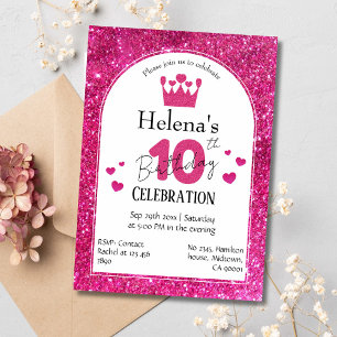 Pink glitter cute vibrant sparkling 10th birthday invitation