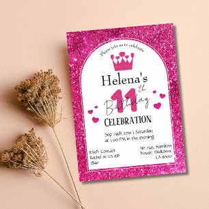Pink glitter cute vibrant sparkling 11th birthday invitation