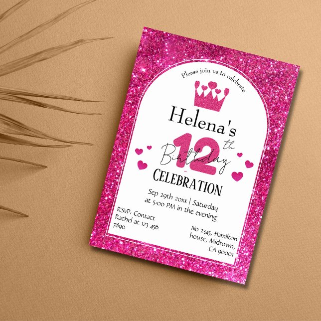 Pink glitter cute vibrant sparkling 12th birthday invitation (Creator Uploaded)