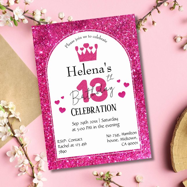 Pink glitter cute vibrant sparkling 13th birthday invitation (Creator Uploaded)