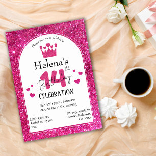 Pink glitter cute vibrant sparkling 14th birthday invitation