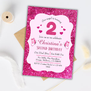 Pink glitter cute vibrant sparkling 2nd birthday invitation