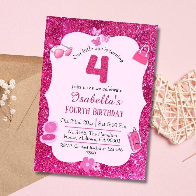 Pink glitter cute vibrant sparkling 4th birthday  invitation (Creator Uploaded)