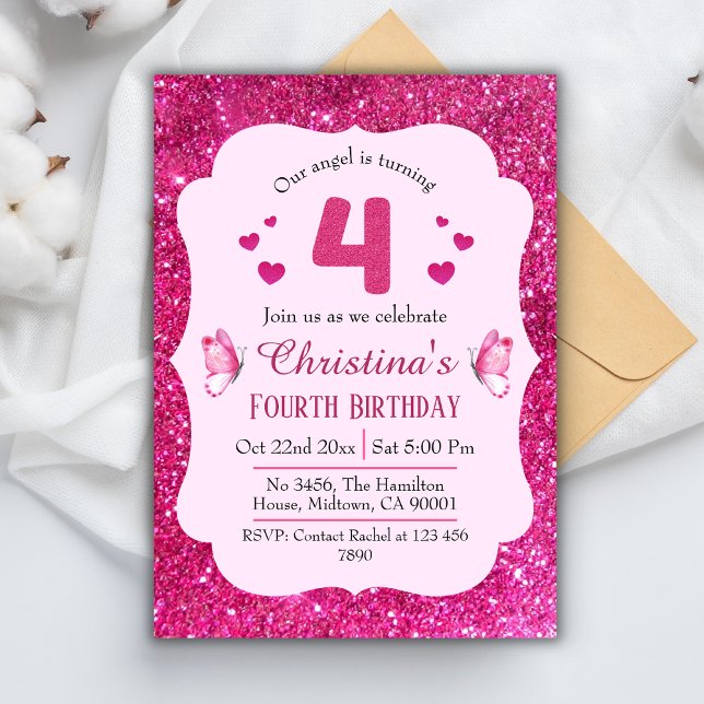Pink glitter cute vibrant sparkling 4th birthday invitation (Creator Uploaded)