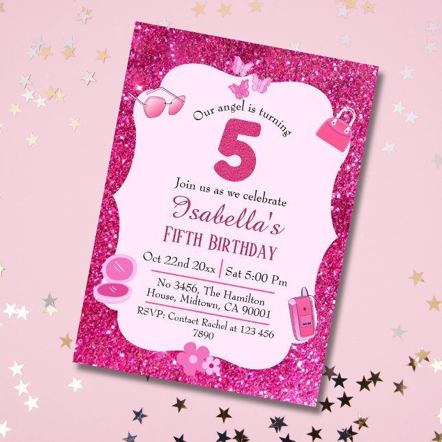 Pink glitter cute vibrant sparkling 5th birthday invitation (Creator Uploaded)
