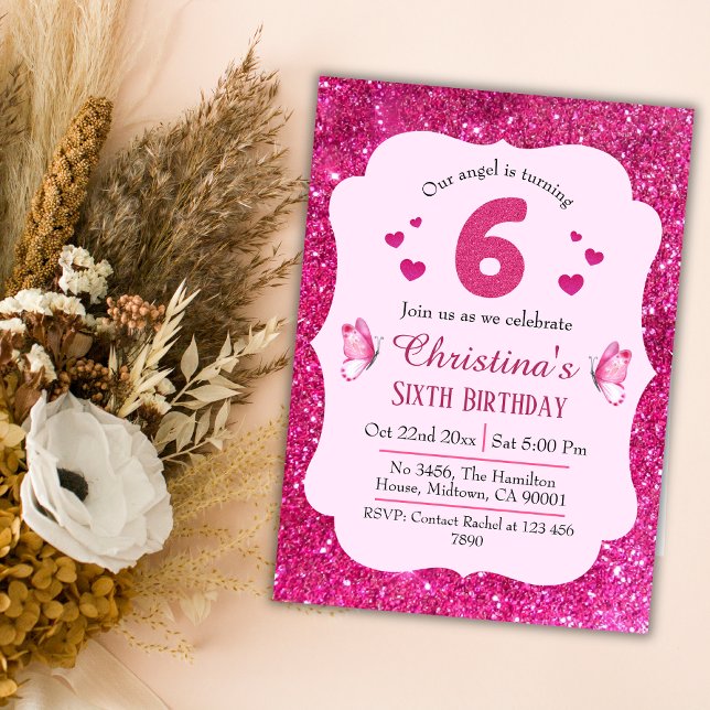 Pink glitter cute vibrant sparkling 6th birthday invitation (Creator Uploaded)