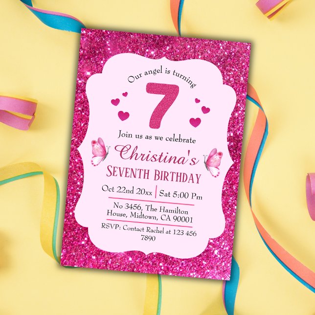 Pink glitter cute vibrant sparkling 7th birthday invitation (Creator Uploaded)