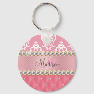 Pink Glitter, Damask, tufted with faux rhinestones Key Ring