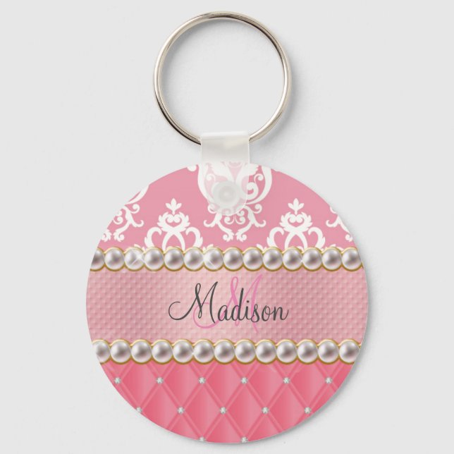 Pink Glitter, Damask, tufted with faux rhinestones Key Ring (Front)