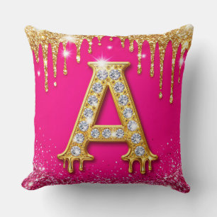 Pink Glitter Diamond Initial A Gold Frame Monogram Cushion