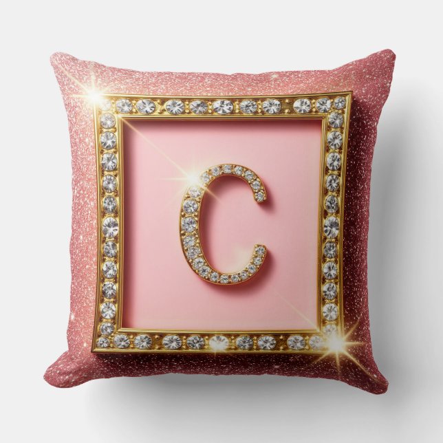 Pink Glitter Diamond Initial C Gold Frame Monogram Cushion (Front)