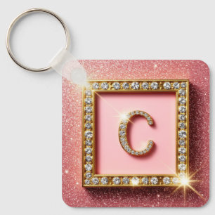 Pink Glitter Diamond Initial C Gold Frame Monogram Key Ring