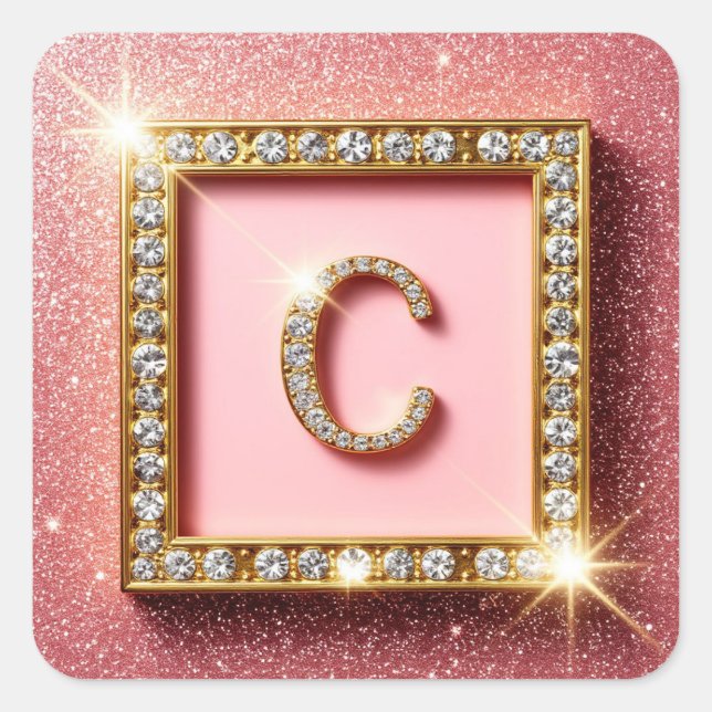 Pink Glitter Diamond Initial C Gold Frame Monogram Square Sticker (Front)