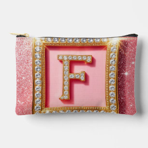 Pink Glitter Diamond Initial F Gold Frame Monogram Accessory Pouch