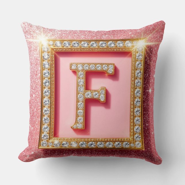 Pink Glitter Diamond Initial F Gold Frame Monogram Cushion (Front)