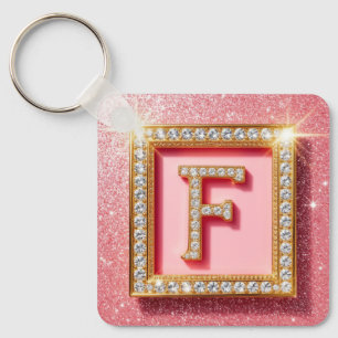 Pink Glitter Diamond Initial F Gold Frame Monogram Key Ring