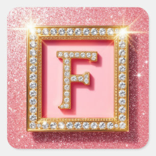 Pink Glitter Diamond Initial F Gold Frame Monogram Square Sticker