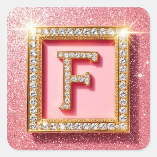 Pink Glitter Diamond Initial F Gold Frame Monogram Square Sticker (Front)