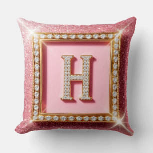 Pink Glitter Diamond Initial H Gold Frame Monogram Cushion