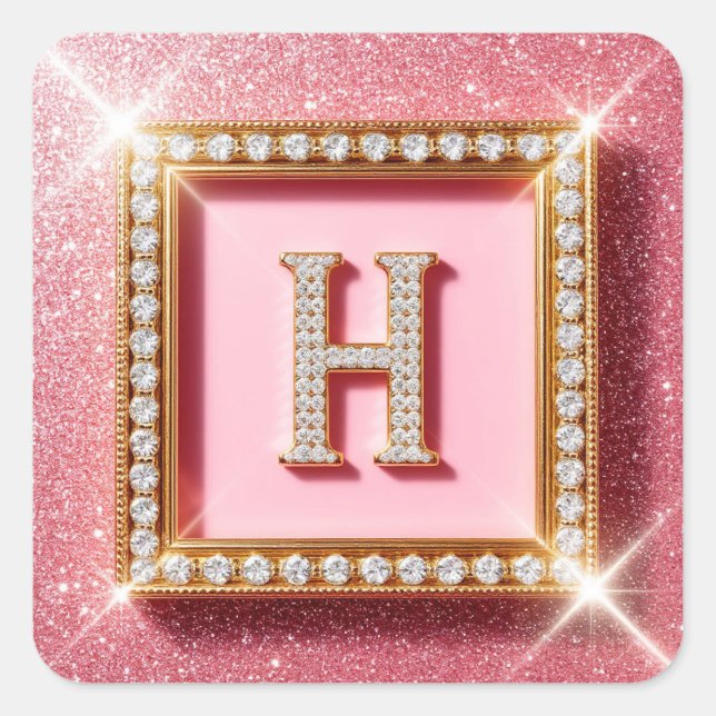 Pink Glitter Diamond Initial H Gold Frame Monogram Square Sticker (Front)