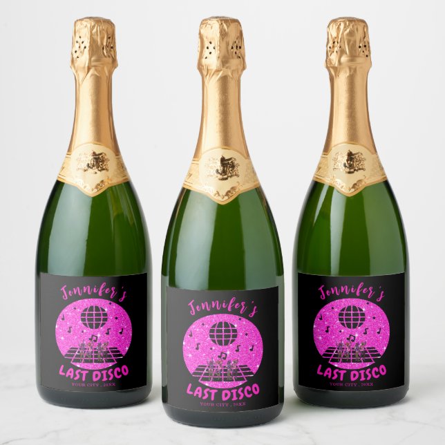 Pink glitter Disco Bachelorette party  Sparkling Wine Label (Bottles)