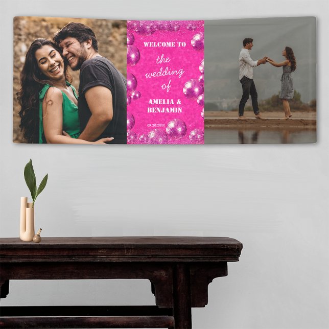 Pink Glitter Disco Balls 2 Photo Wedding Welcome Banner (Front)