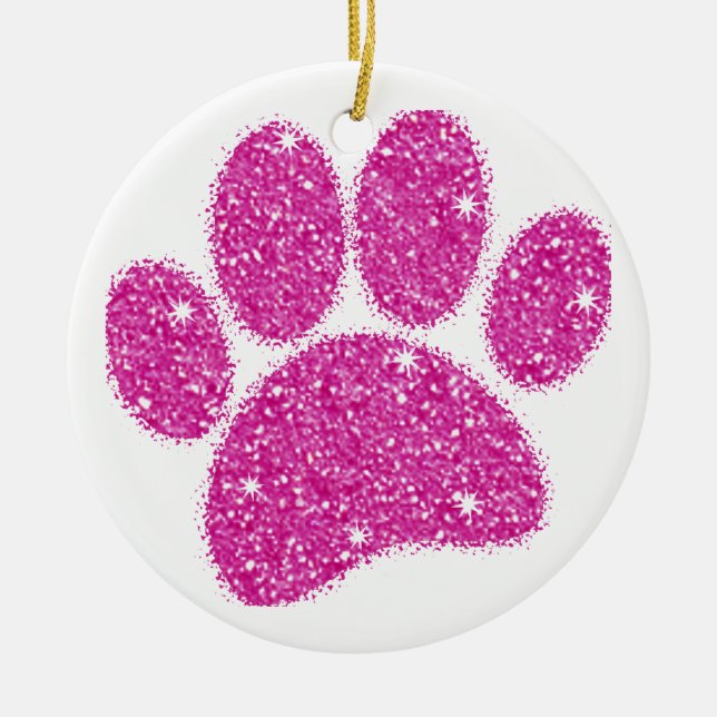 Pink Glitter Dog Pawprint Ceramic Ornament (Front)