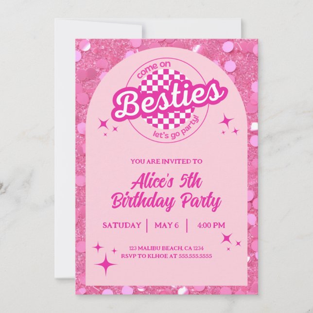 Pink Glitter Doll Themed Birthday Invitation (Front)