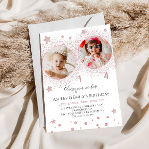 Pink Glitter Double Birthday Kids Photo Invitation
