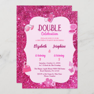 Pink Glitter Double Birthday Party For Girls  Invitation