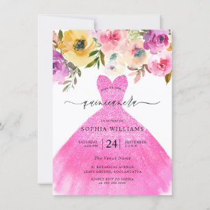 Pink Glitter Dress Colourful Flowers Quinceanera  Invitation