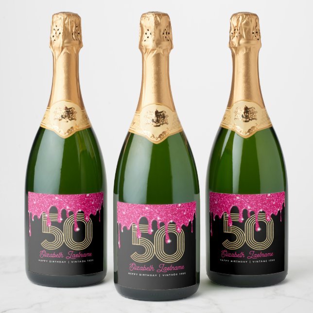 Pink Glitter Drip 50th Birthday Sparkling Wine Lab Label (Bottles)