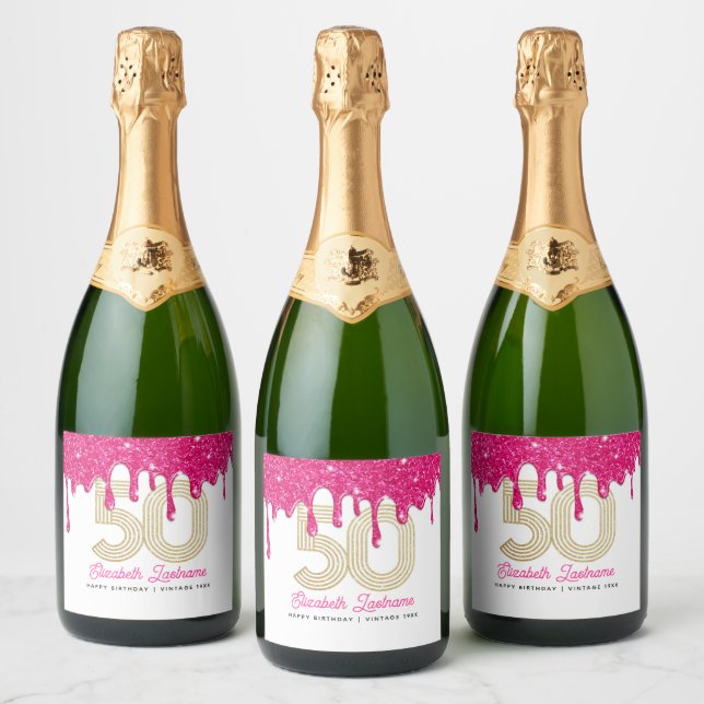 Pink Glitter Drip 50th Birthday Sparkling Wine Lab Label (Bottles)