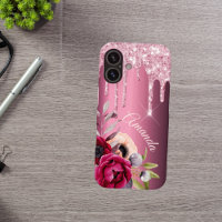 Pink glitter drip burgundy metallic florals name