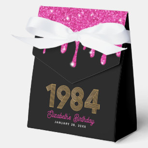 Pink Glitter Drip Faux Gold 1984 40th Birthday Favour Box