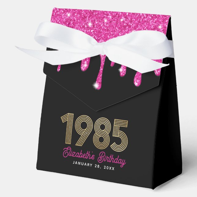 Pink Glitter Drip Faux Gold 1985 40th Birthday Favour Box (Front)