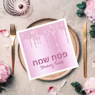 Pink Glitter Drip Happy Passover Napkin