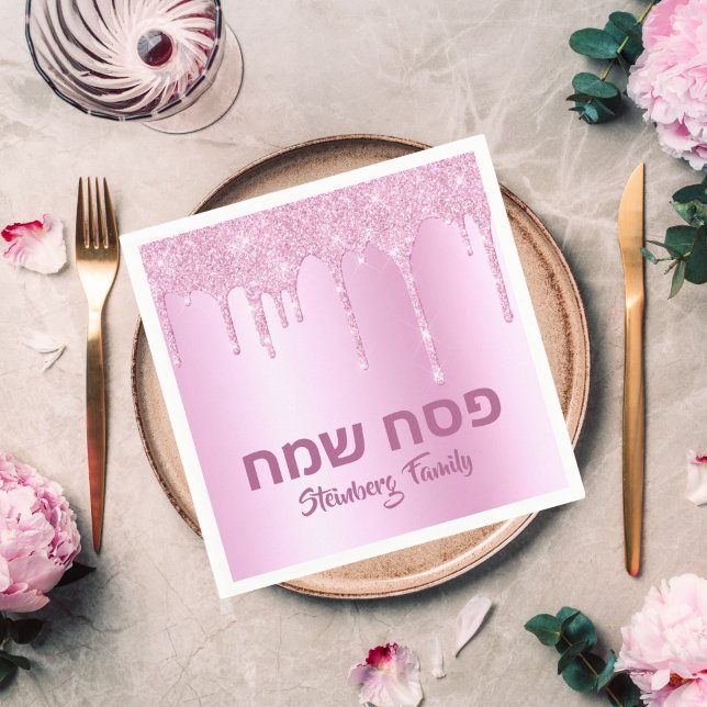 Pink Glitter Drip Happy Passover Napkin (Creator Uploaded)