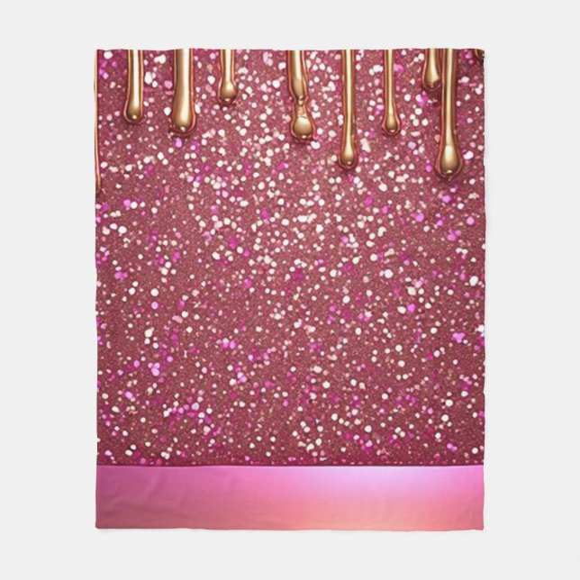 Pink Glitter Drip Over Gold Metallic Background Fleece Blanket (Front)
