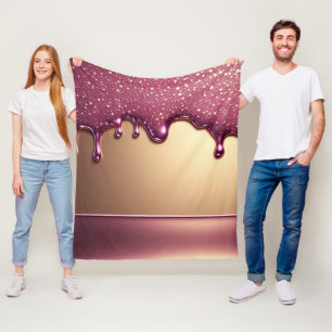 Pink Glitter Drip Over Gold Metallic Background Fleece Blanket