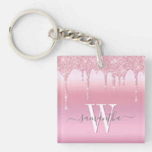 Pink Glitter Drip Personalised Key Ring