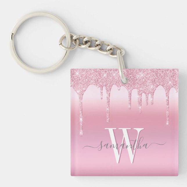 Pink Glitter Drip Personalised Key Ring (Front)